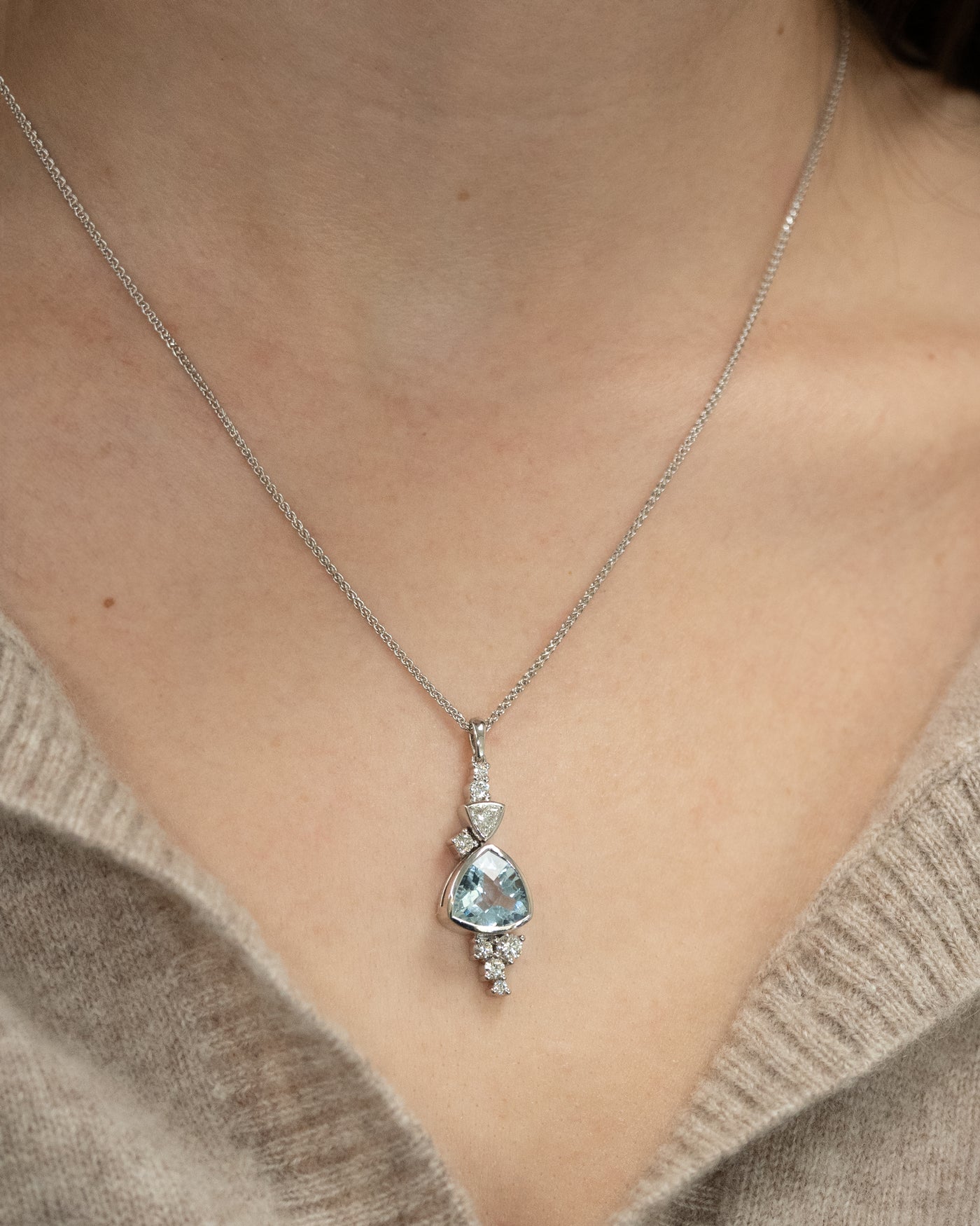 Aquamarine and Diamond Cluster Pendant in Platinum