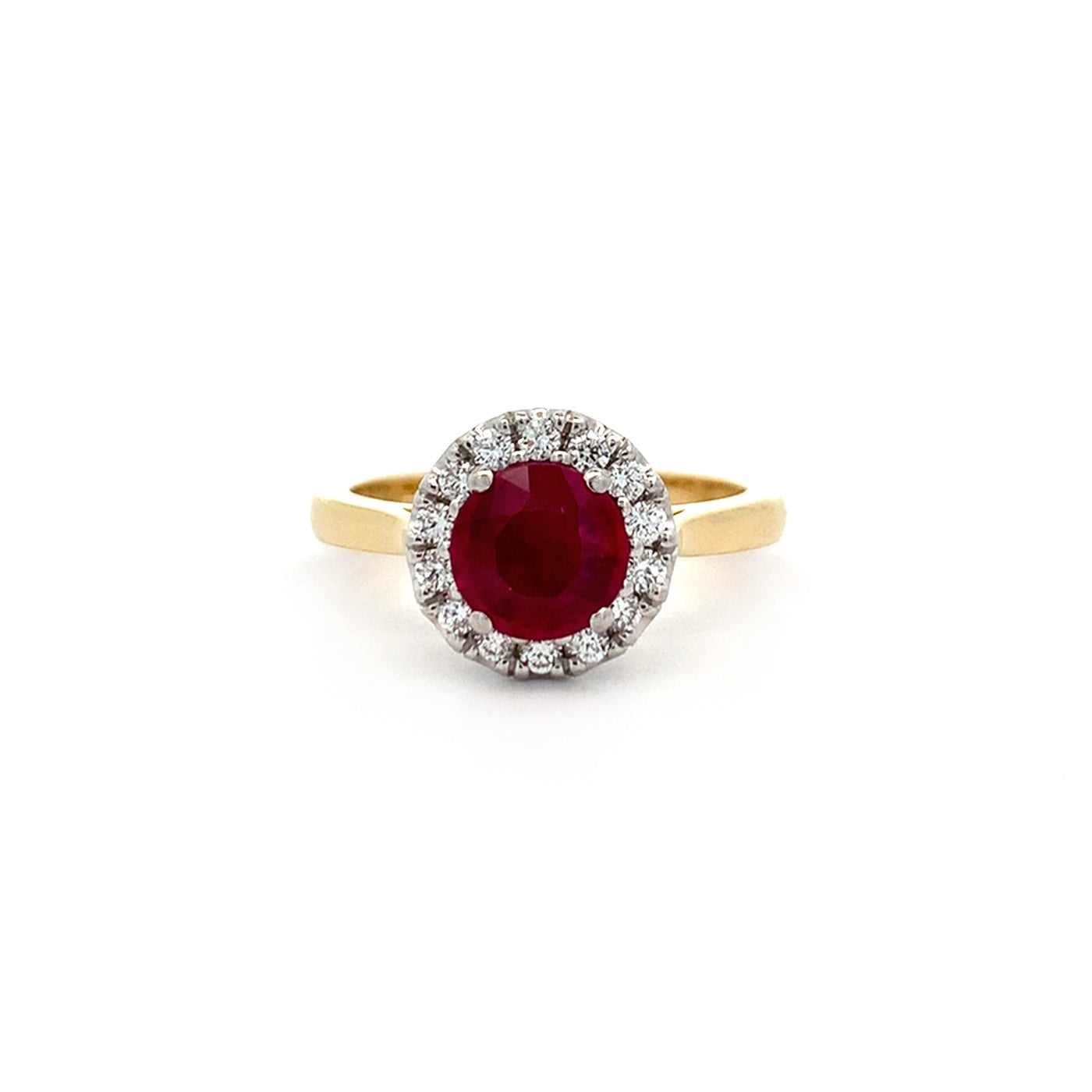 Luminous: Ruby and Diamond Halo Ring in Yellow Gold | 1.44ctw