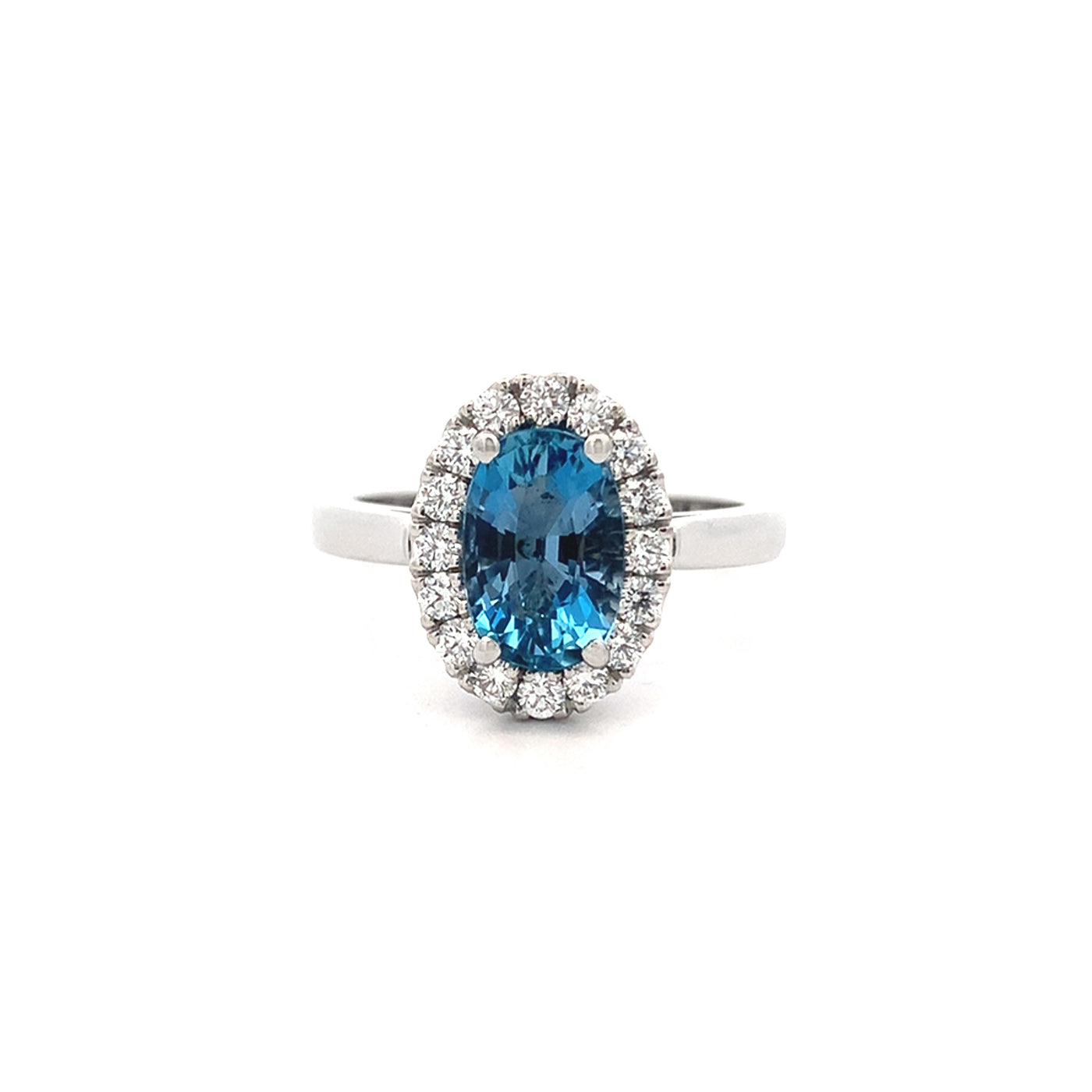 Luminous: Oval Cut Aquamarine and Diamond Halo Ring in Platinum | 1.65ct