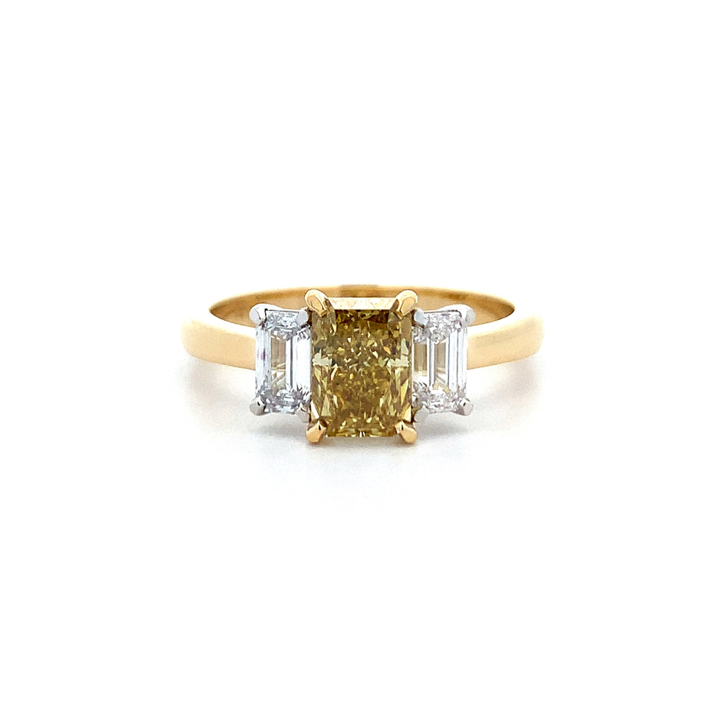 Harmony: Radiant Cut Cognac Diamond Three Stone Ring in Yellow Gold and Platinum 