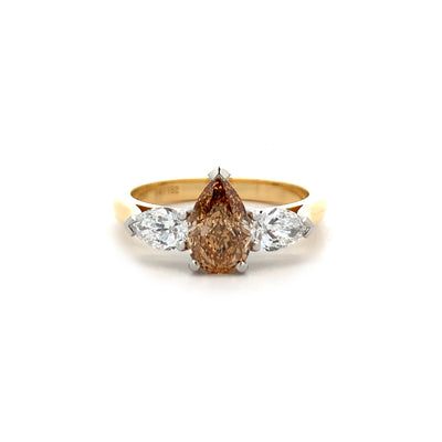 Pear Cut Cognac Diamond Three Stone Ring in Yellow Gold