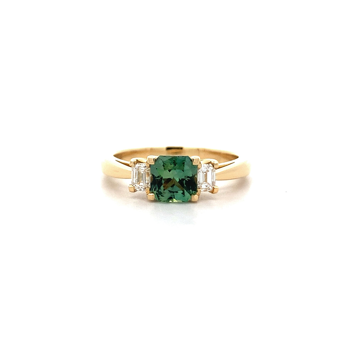 Green Sapphire and Diamond Three Stone Ring in Yellow Gold