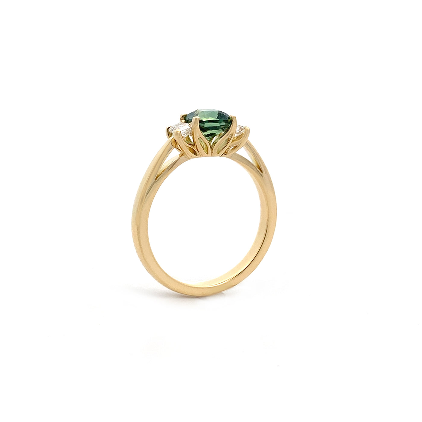 Green Sapphire and Diamond Three Stone Ring in Yellow Gold