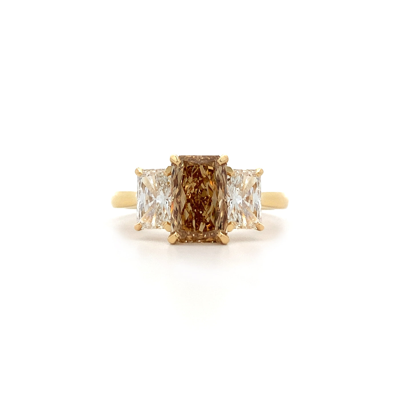 Type 2A Natural Radiant Cut Cognac Diamond Three Stone Ring in Yellow Gold | 2.72ctw