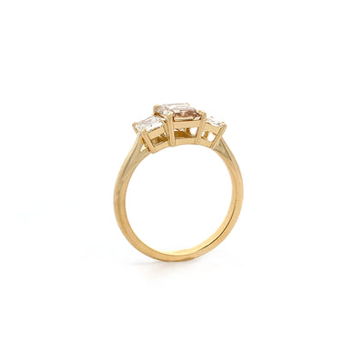 Type 2A Natural Radiant Cut Cognac Diamond Three Stone Ring in Yellow Gold | 2.72ctw