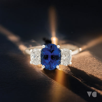 Enchant: Oval Cut Sapphire and Diamond Three Stone in Platinum | 2.18ct