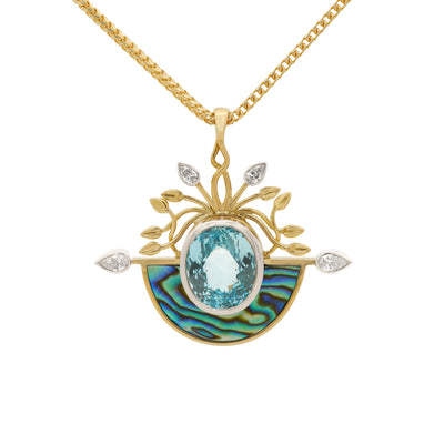 Kaimana: Aquamarine, Diamond and Paua Pendant in Yellow Gold