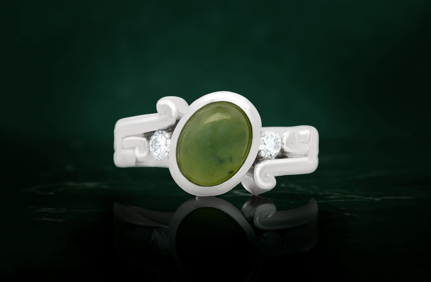 Arahura: Pounamu and Diamond Three Stone Ring in Platinum