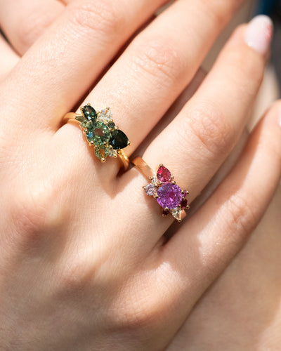 Rosebud: Sapphire Ruby and Diamond Cluster Ring in Rose Gold