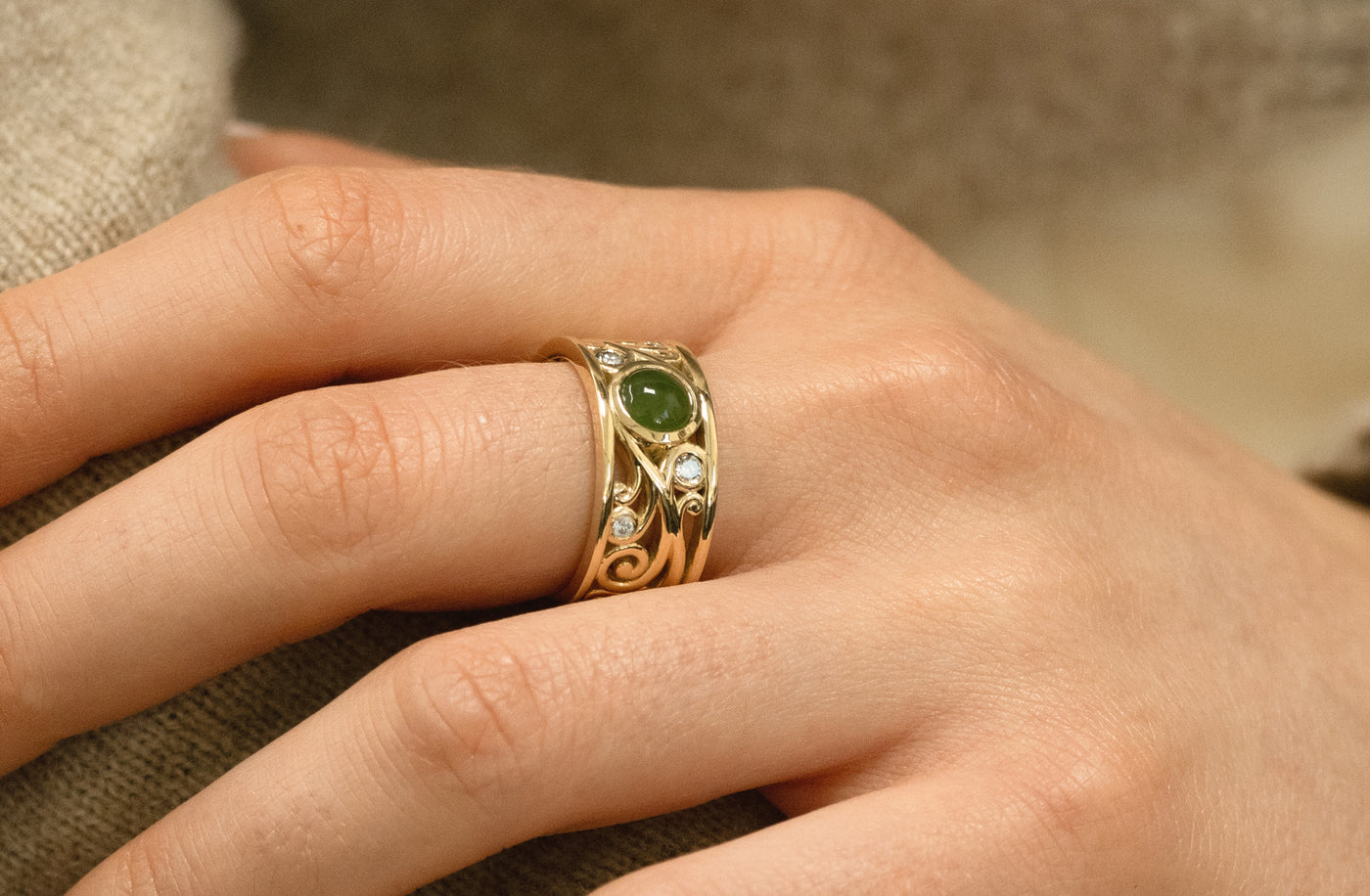 Fern: Pounamu and Diamond Set Ring in Yellow Gold