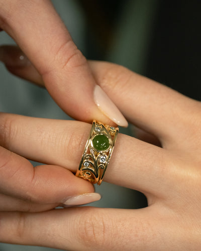 Fern: Pounamu and Diamond Set Ring in Yellow Gold