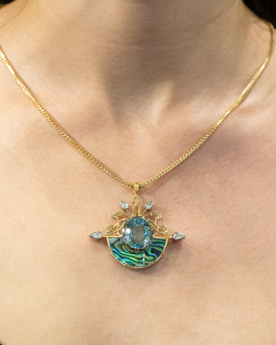 Kaimana: Aquamarine, Diamond and Paua Pendant in Yellow Gold