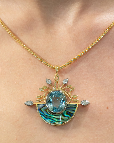 Kaimana: Aquamarine, Diamond and Paua Pendant in Yellow Gold