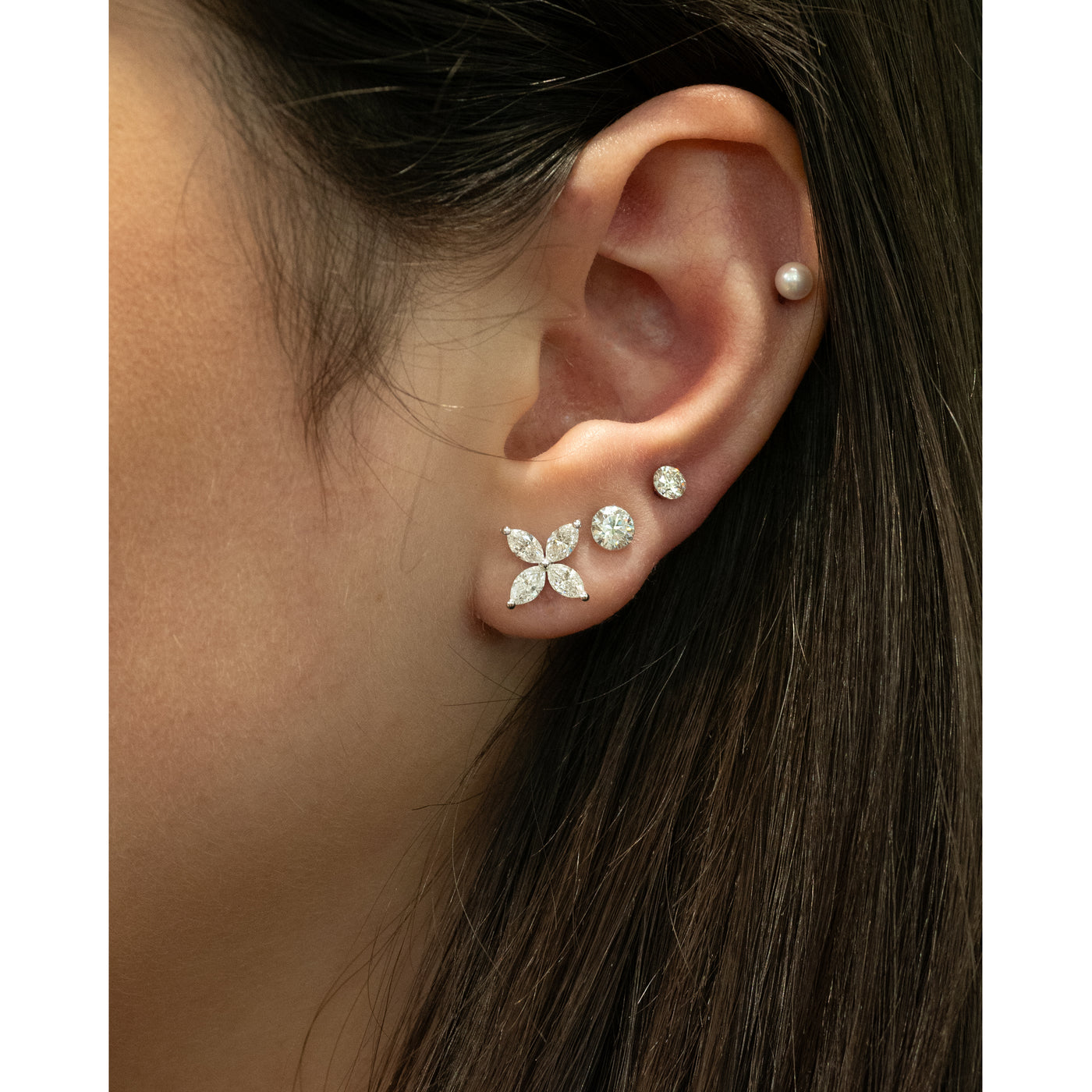 Marquise Cut Diamond Flower Earrings in White Gold totalling 1.60ct paired with Floeting® Diamond Stud Earrings