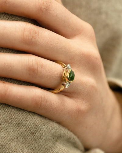 Riversong: Pounamu and Diamond Three Stone Ring in Yellow Gold