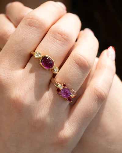 Rosebud Sapphire, Diamond and Ruby Cluster Ring paired with Cabochon Cut Ruby and Diamond Three Stone Ring