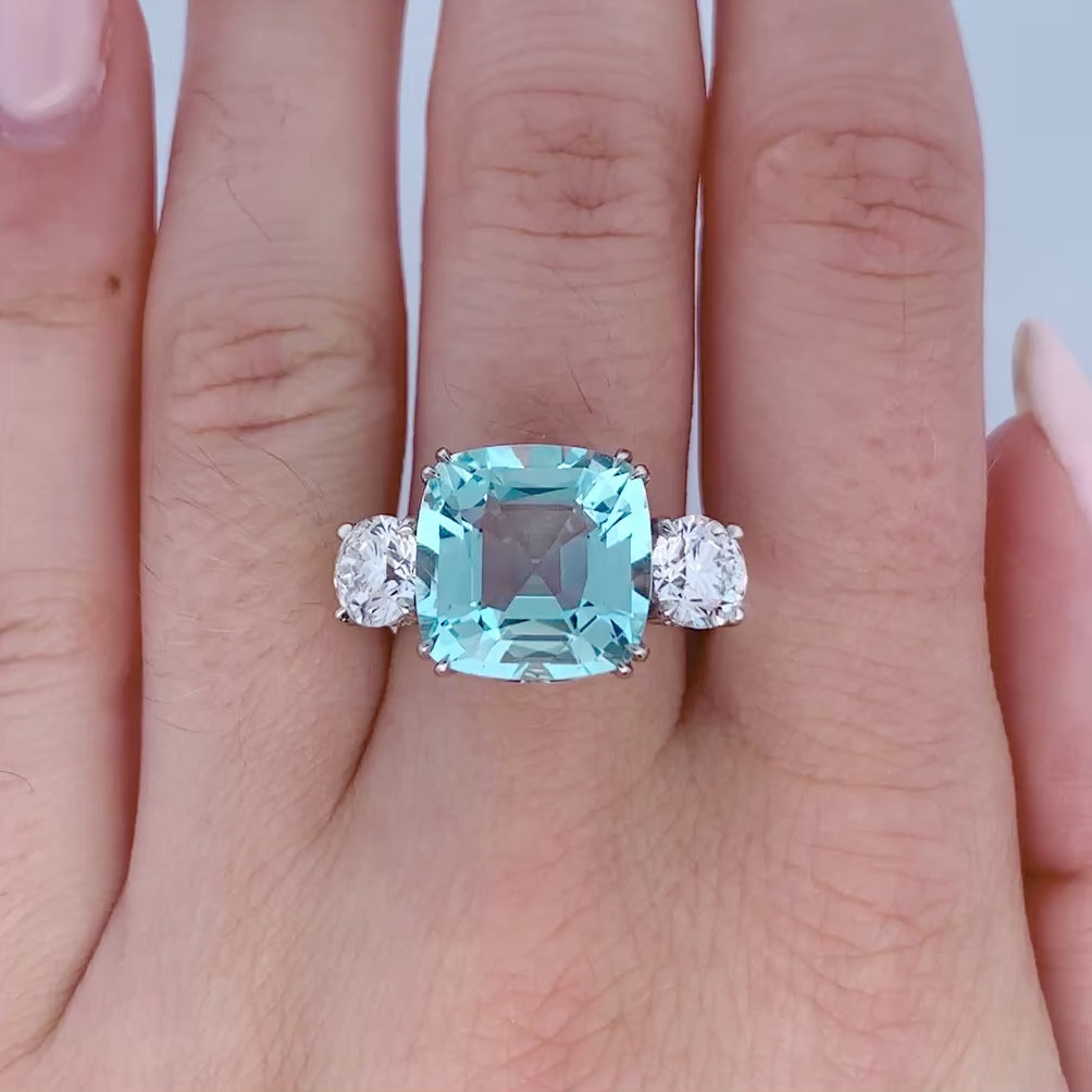 Aquamarine and Diamond Three Stone Ring in Platinum | 7.92ctw