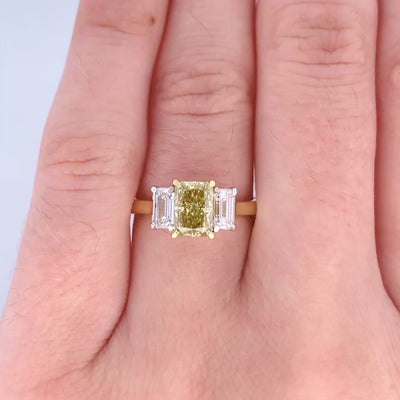 Harmony: Radiant Cut Cognac Diamond Three Stone Ring in Yellow Gold