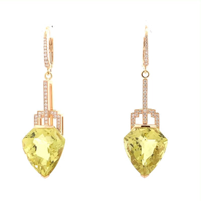 Deco-Style Citrine and Diamond Drop Earrings in Yellow Gold | 30.77ctw