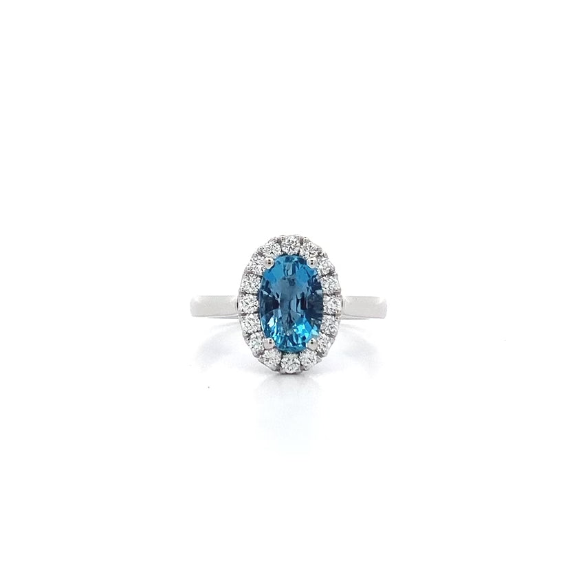 Luminous: Oval Cut Aquamarine and Diamond Halo Ring in Platinum | 1.65ct