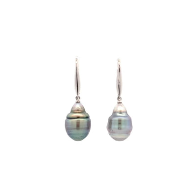 Avaiki Black Semi Baroque Pearl Drop Earrings in White Gold | 11.00mm