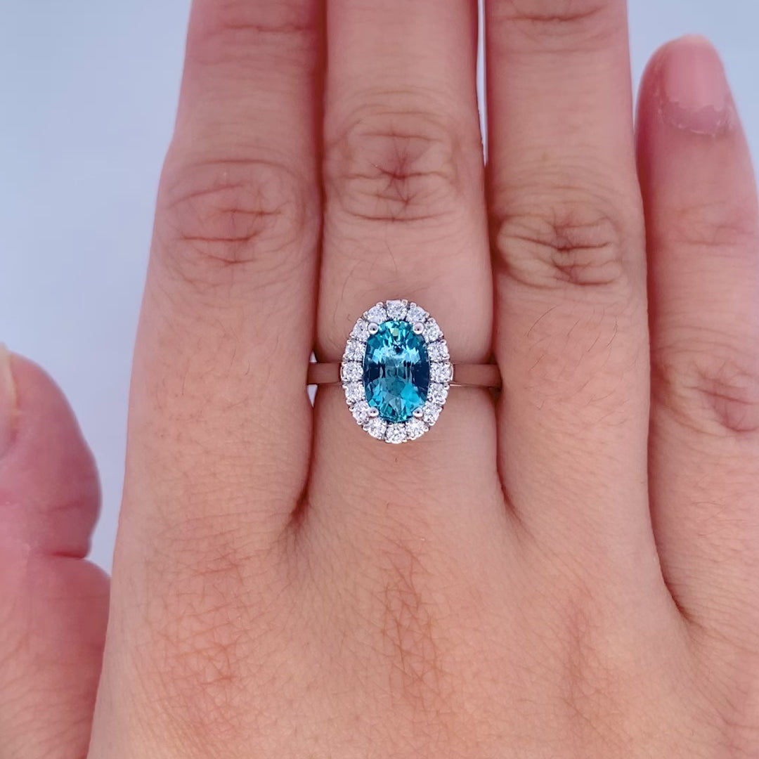 Luminous: Oval Cut Aquamarine and Diamond Halo Ring in Platinum | 1.65ct