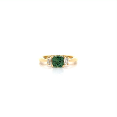 Green Sapphire and Diamond Three Stone Ring in Yellow Gold