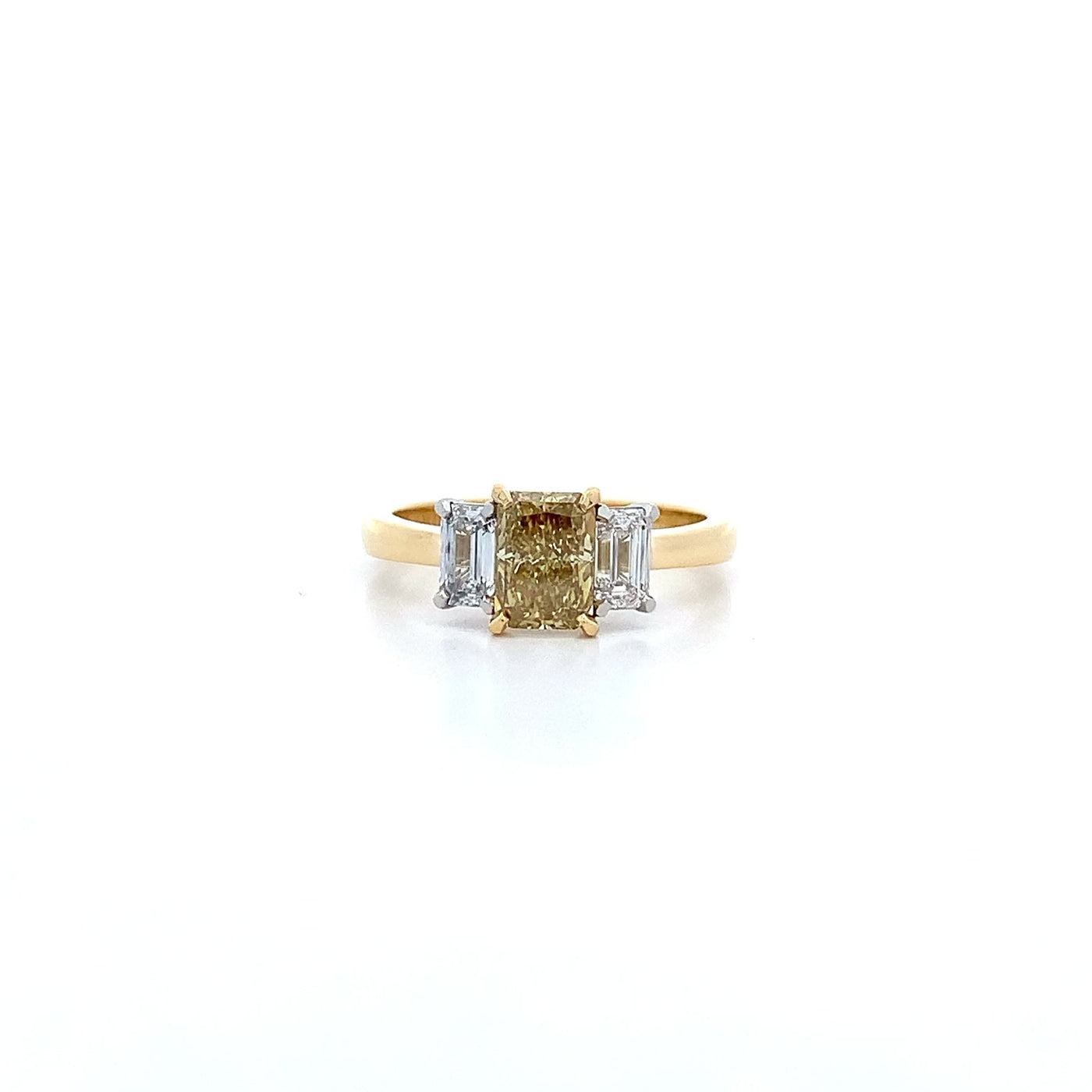 Harmony: Radiant Cut Cognac Diamond Three Stone Ring in Yellow Gold and Platinum 